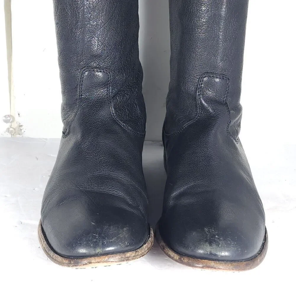 FRYE Women's Melissa Back Zip US 7,5B Black Leather Button Tall Riding Boots